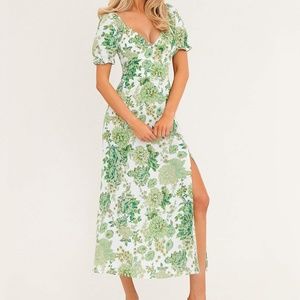 Azazie Heat Wave Babe Green Floral Print Puff Sleeve Midi Dress size L